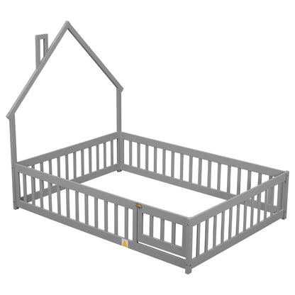 Full House-Shaped Headboard Floor Bed with Fence Grey - FurniFindUSA