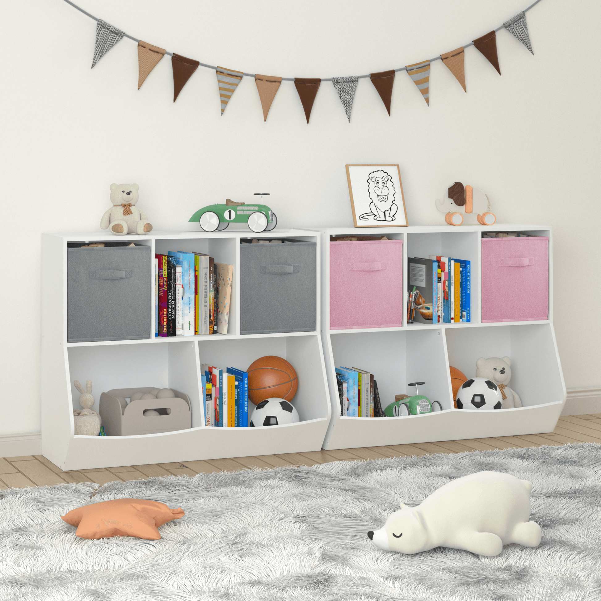 Kids Bookcase with Collapsible Fabric Drawers Children's Toy Storage Cabinet for Playroom White/Pink - FurniFindUSA