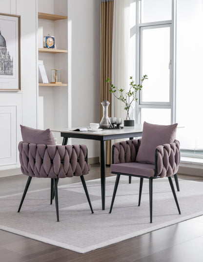 Pure Purple Modern Velvet Dining Chairs Set of 2 Hand Weaving Accent Chairs Living Room Chairs Upholstered Side Chair - FurniFindUSA