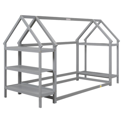 Twin House-Shaped Floor Bed with 2 Detachable Stands Grey - FurniFindUSA