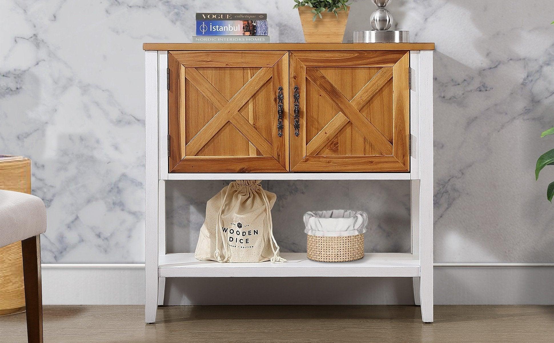 35''Farmhouse Wood Buffet Sideboard Console Table (Antique White + Natural Acacia Top & Door) - FurniFindUSA