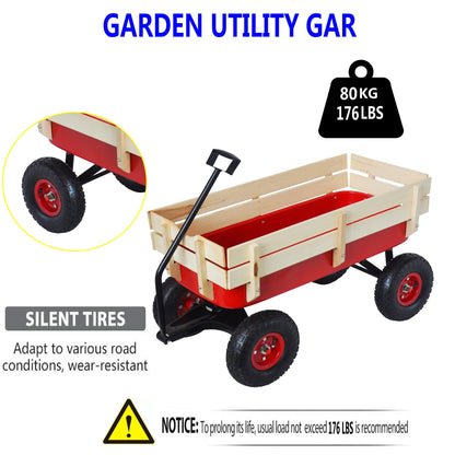 Outdoor Wagon All Terrain Pulling w/Wood Railing Air Tires Children Kid Garden（Red） - FurniFindUSA