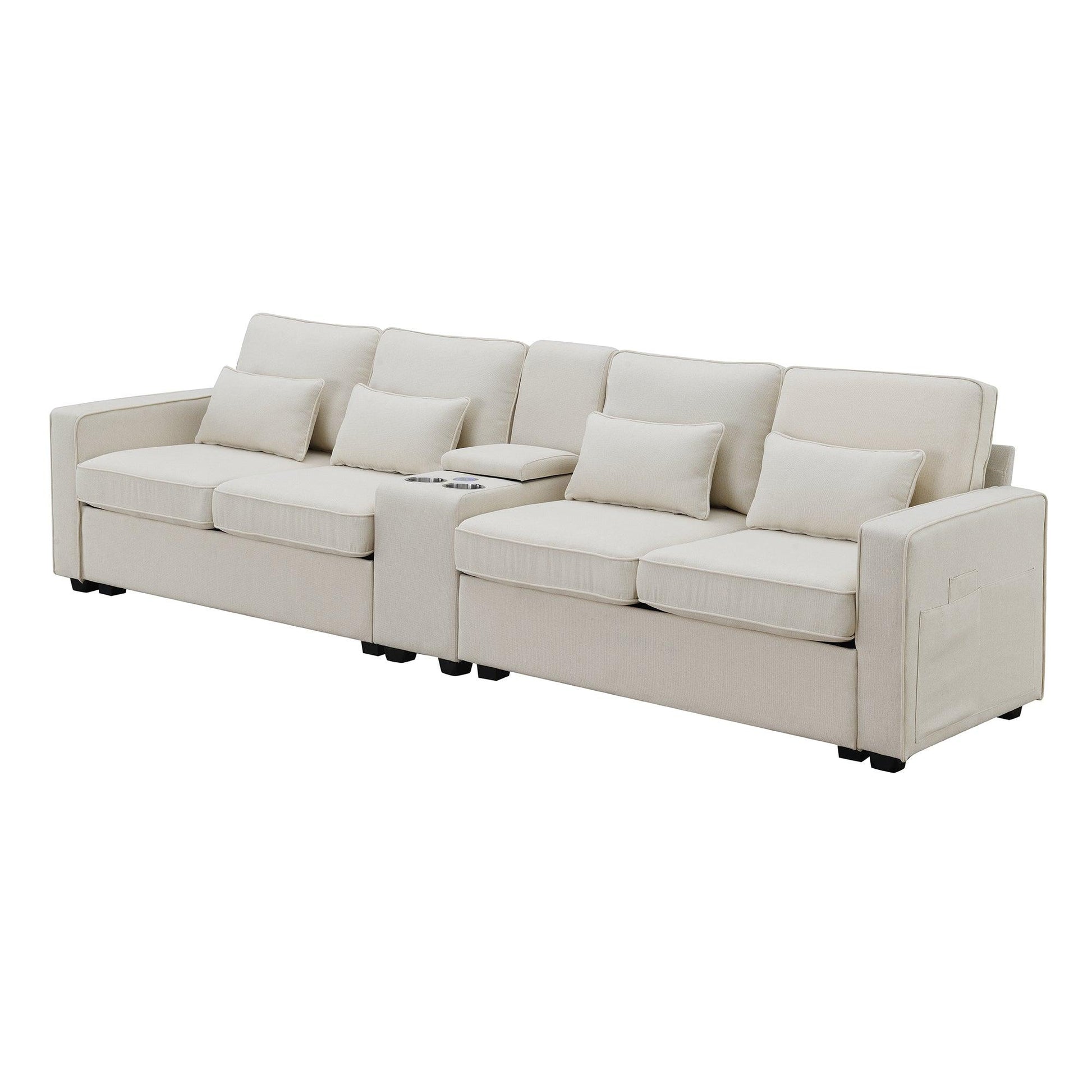 114.2" Upholstered Sofa with Console 2 Cupholders and 2 USB Ports Wired or Wirelessly Charged (4-Seat) - FurniFindUSA