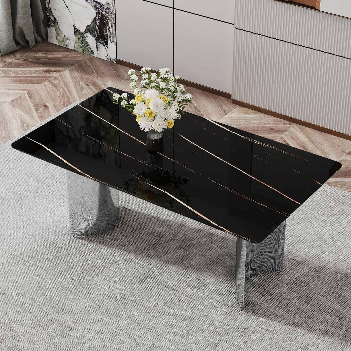 Modern minimalist dining table The black imitation marble glass desktop is equipped with silver metal legs - FurniFindUSA