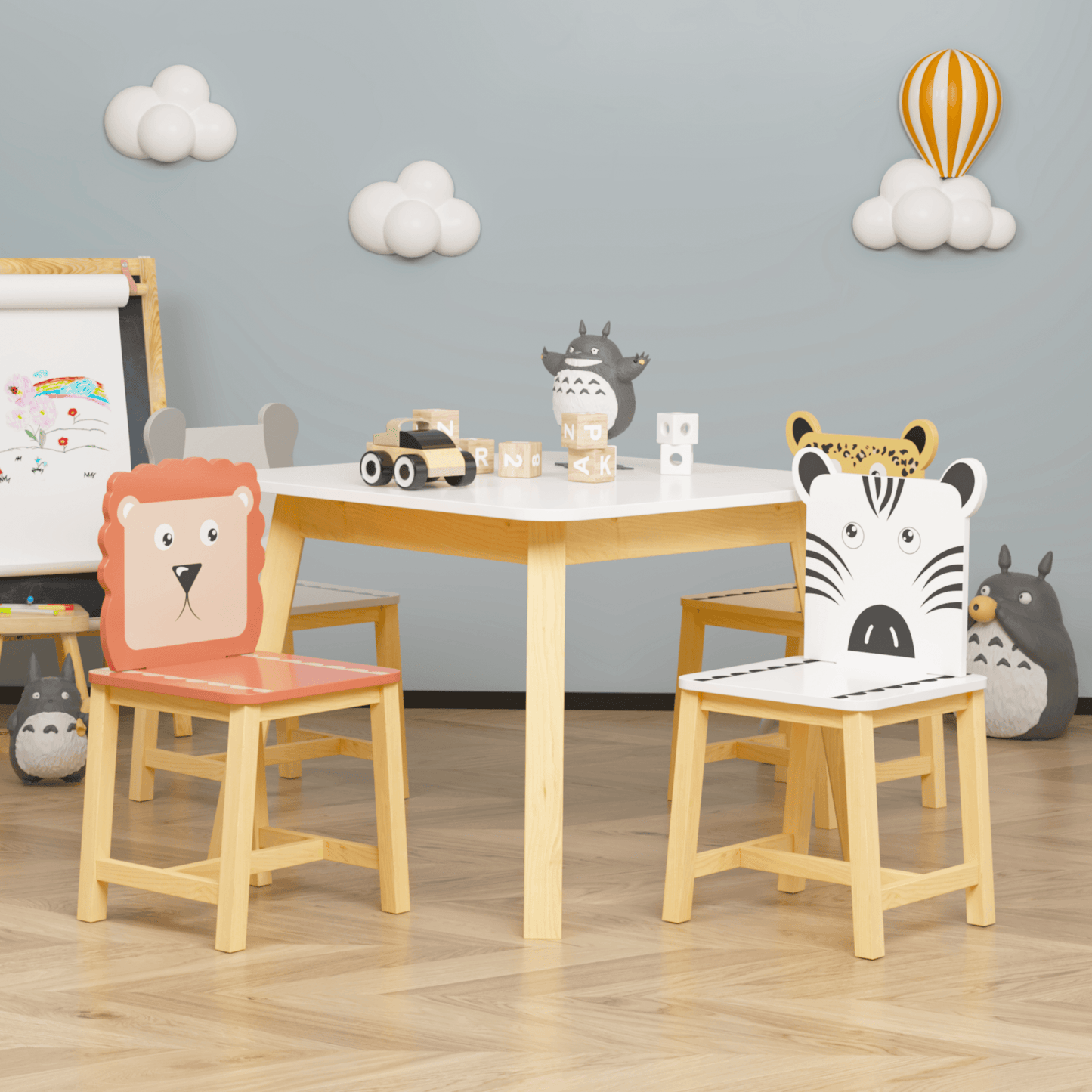 5 Piece Kiddy Table and Chair Set Kids Wood Table with 4 Chairs Set Cartoon Animals (bigger table) (3-8 years old) - FurniFindUSA