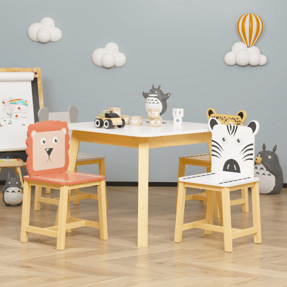 5 Piece Kiddy Table and Chair Set Kids Wood Table with 4 Chairs Set Cartoon Animals (bigger table) (3-8 years old) - FurniFindUSA