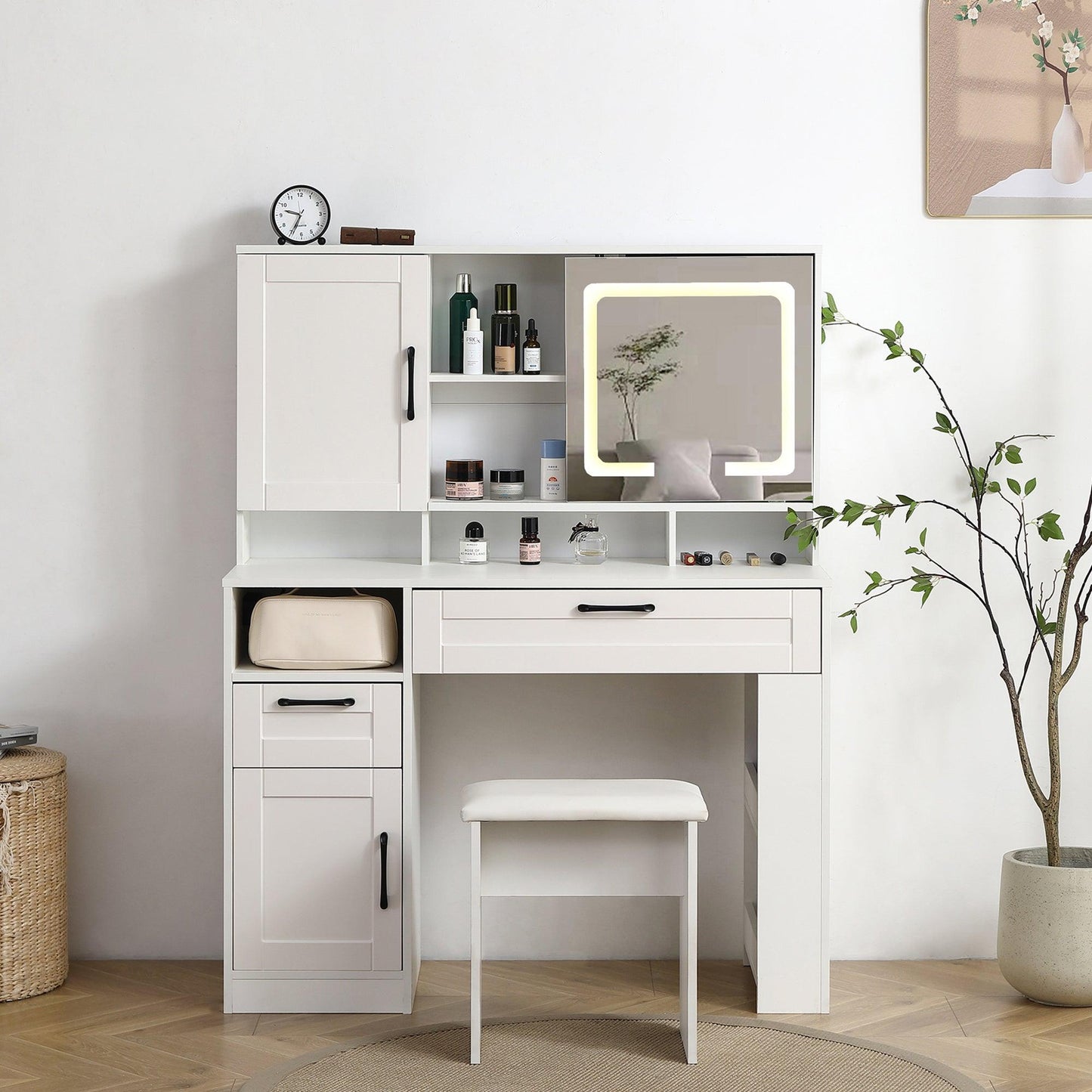 Vanity table with large sliding lighted mirror dressing table with 2 drawers storage shelves and upholstered stool white color - FurniFindUSA