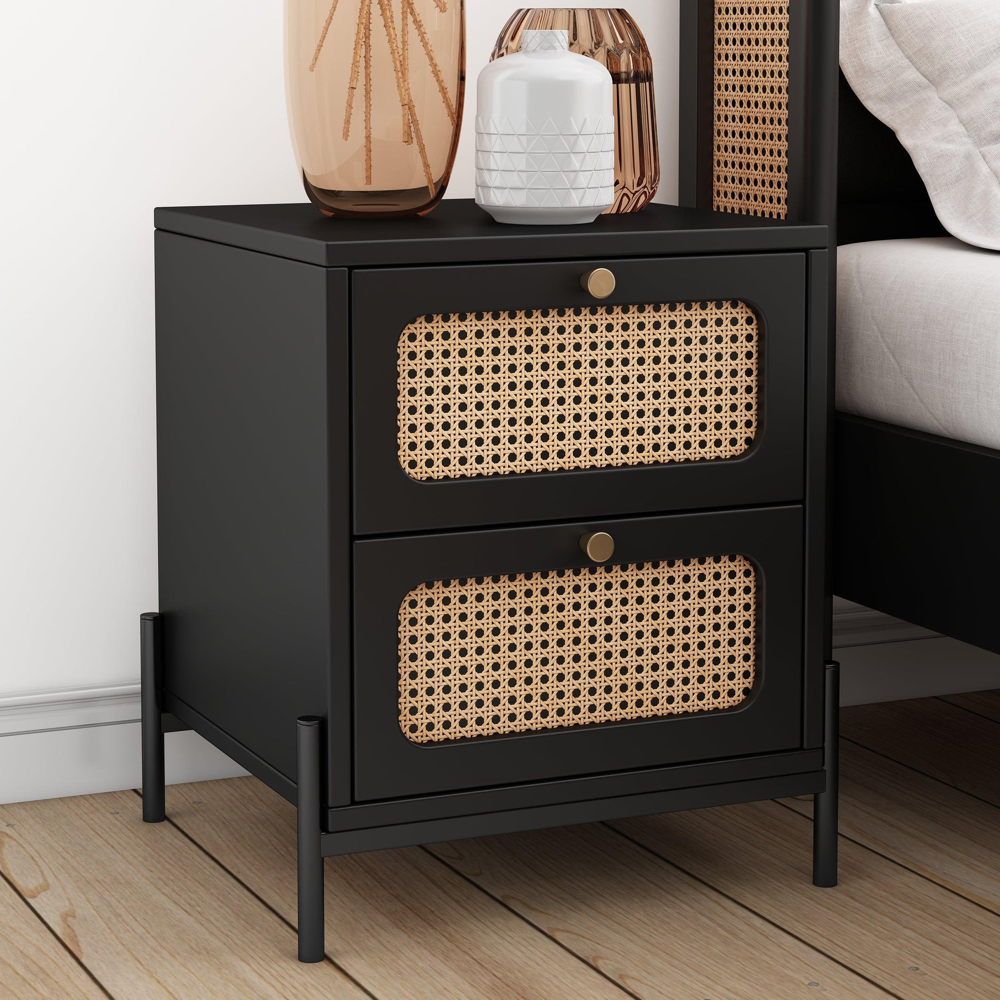 Modern Cannage Rattan Wood Closet 2-Drawer Side Table End Table Nightstand for Bedroom Living Room Entryway Hallway Black - FurniFindUSA