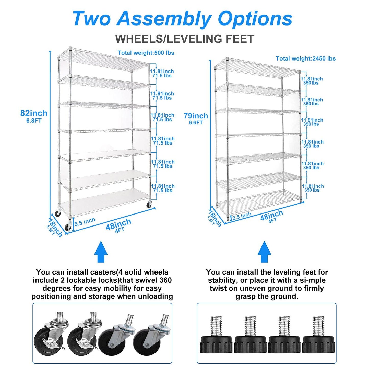 7 Tier Wire Shelving Unit 2450 LBS NSF Height Adjustable Metal Garage Storage Shelves with Wheels Chrome - FurniFindUSA