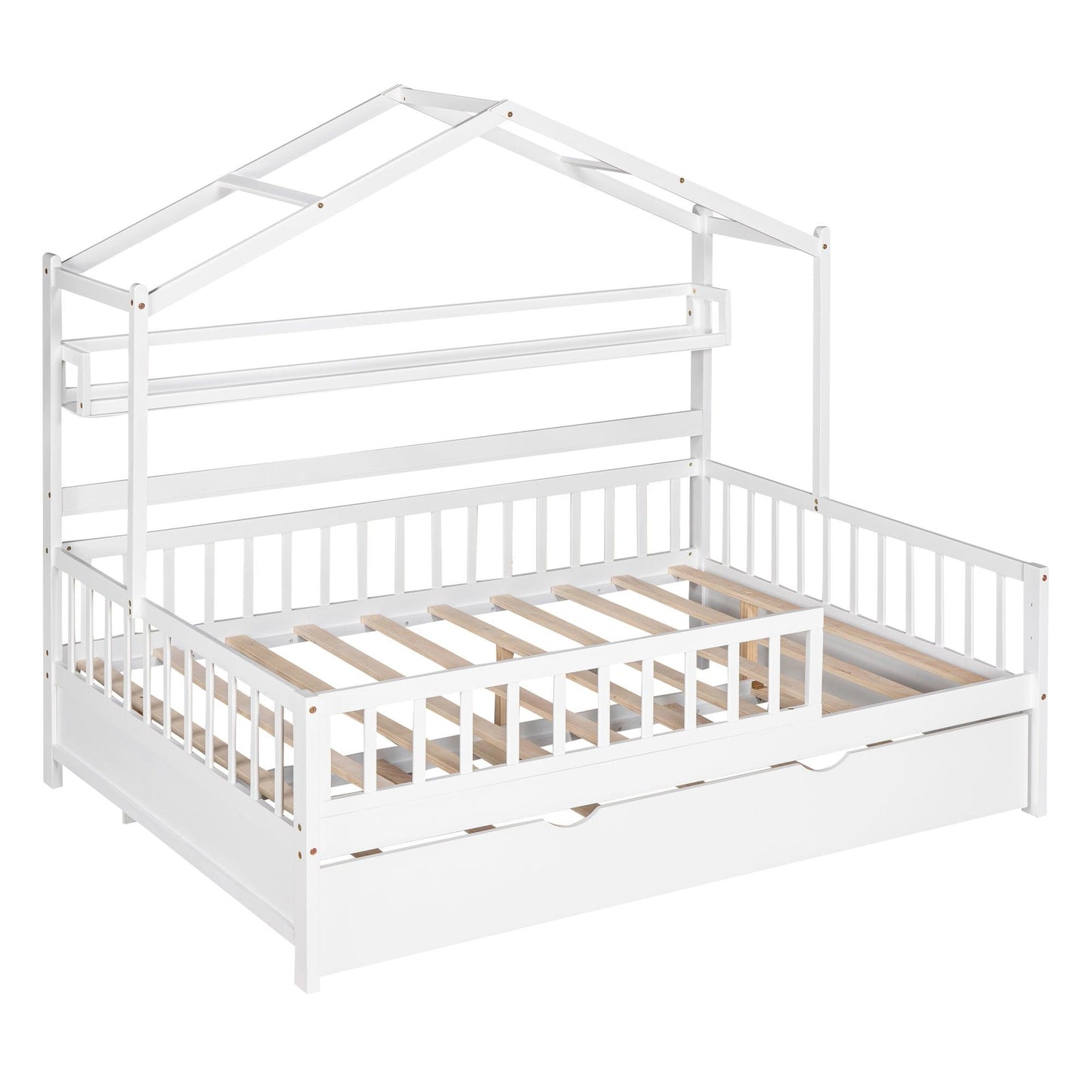 Wooden Full Size House Bed with Twin Size Trundle Kids Bed with Shelf White - FurniFindUSA