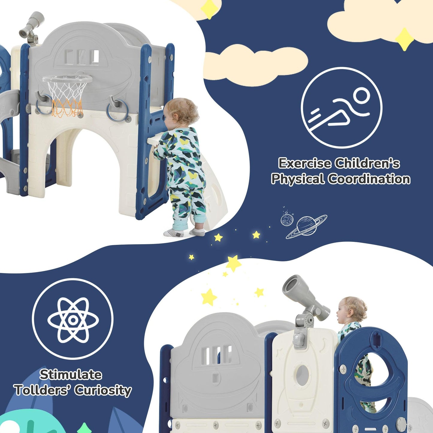 Kids Slide Playset Structure 7 in 1, Freestanding Spaceship Set with Slide, Arch Tunnel Blue+Grey + HDPE - FurniFindUSA