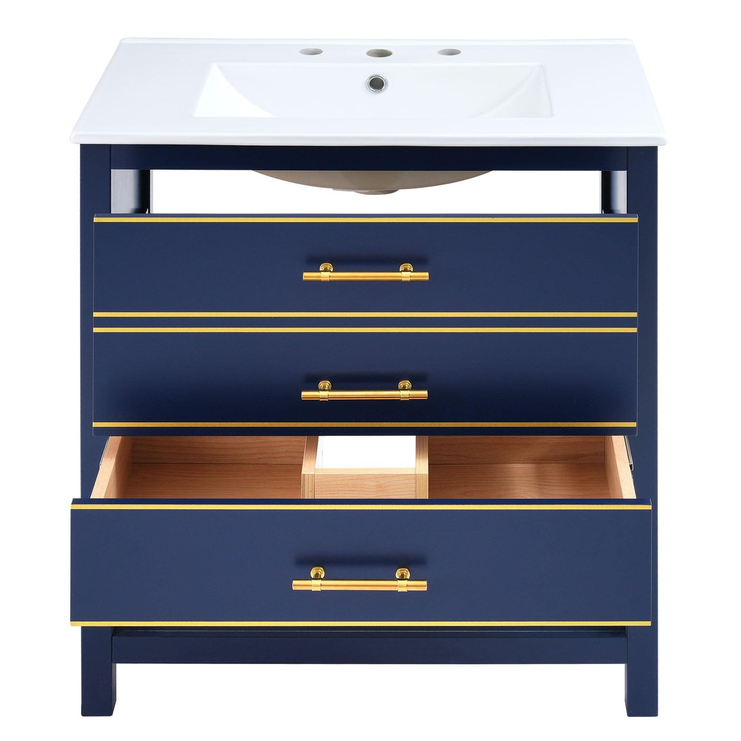 [Viedo]Modern 30inch Navy Blue/White Bathroom Vanity Cabinet Combo with Open Storge, Two Drawers - FurniFindUSA