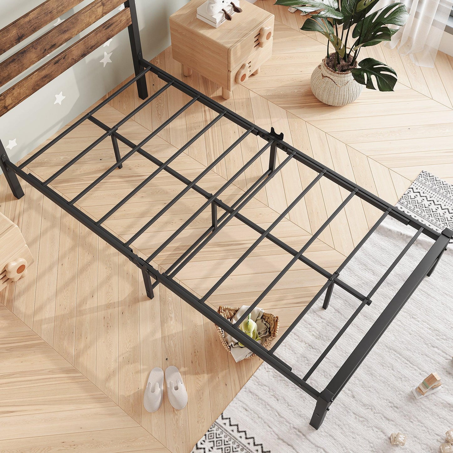 Twin Size Platform Bed Frame with Rustic Vintage Wood Headboard Strong Metal Slats Support Mattress Foundation Rustic Brown - FurniFindUSA