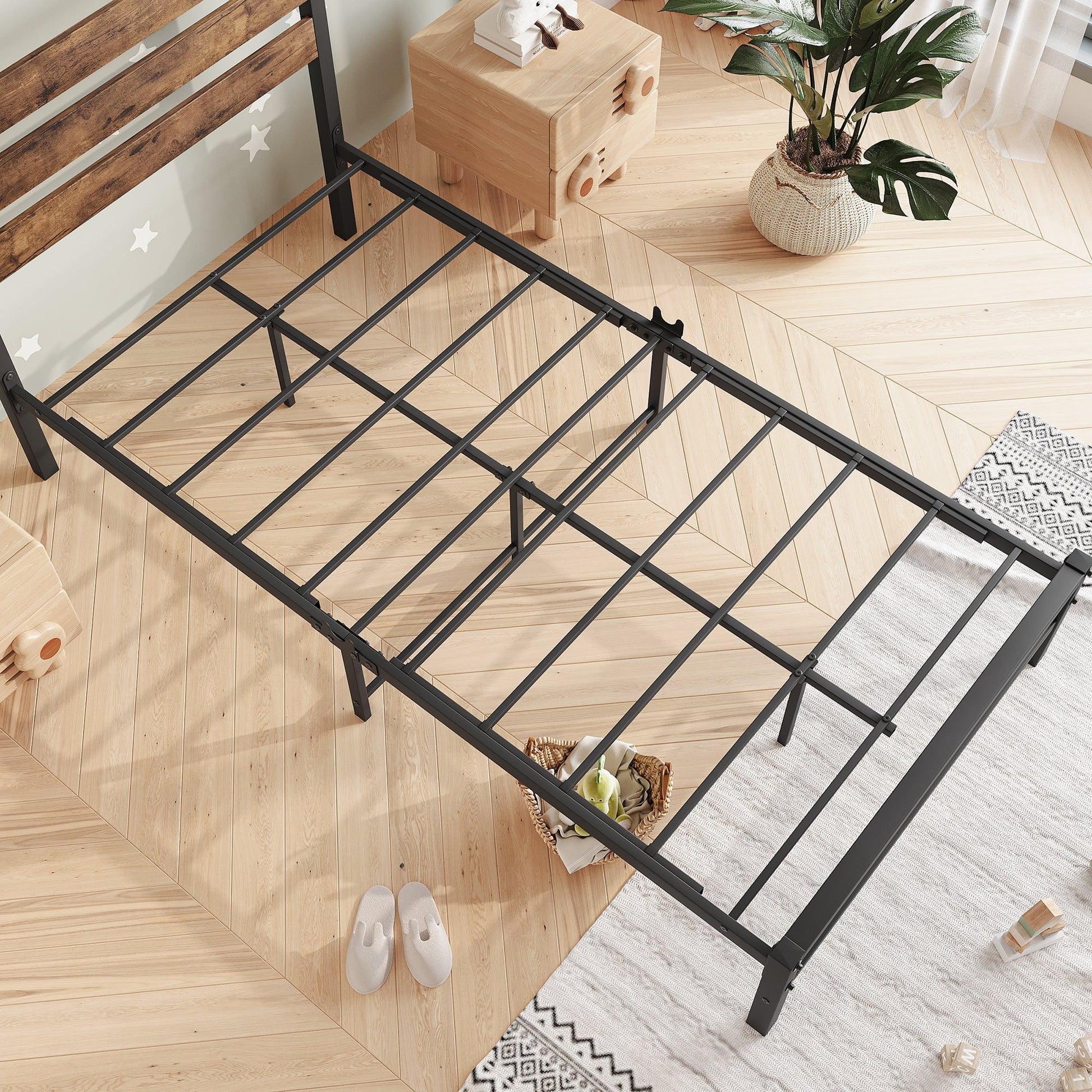 Twin Size Platform Bed Frame with Rustic Vintage Wood Headboard Strong Metal Slats Support Mattress Foundation Rustic Brown - FurniFindUSA