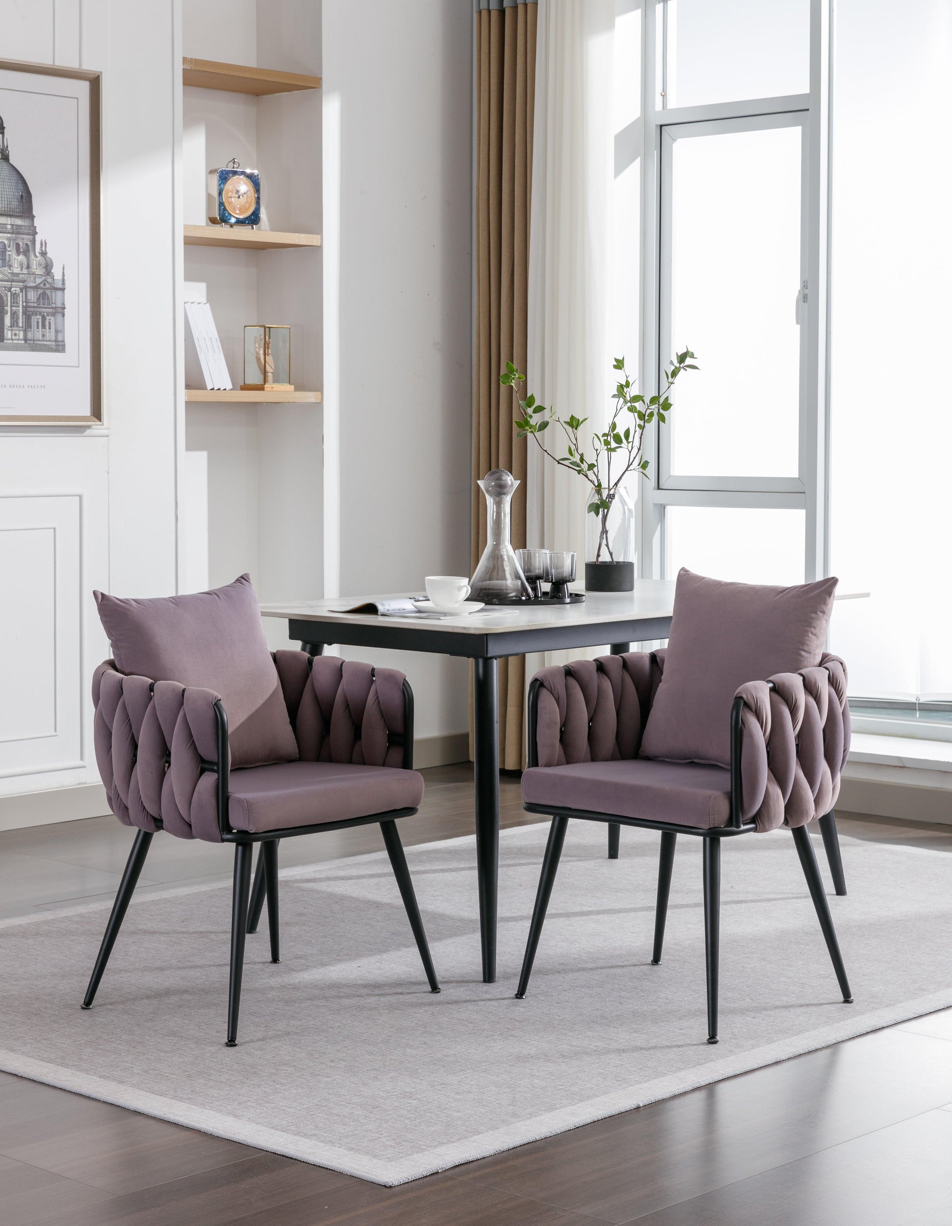 Pure Purple Modern Velvet Dining Chairs Set of 2 Hand Weaving Accent Chairs Living Room Chairs Upholstered Side Chair - FurniFindUSA