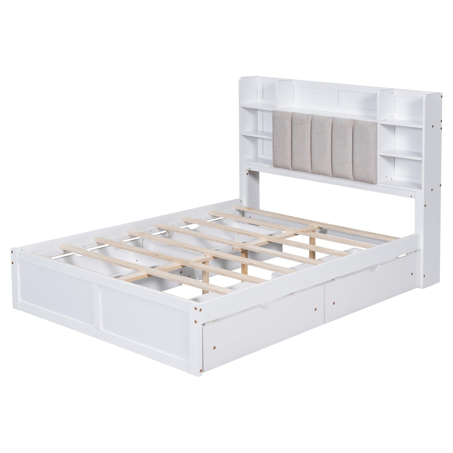 Multi-functional Full Size Bed Frame with 4 Under-bed Portable Storage Drawers and Multi-tier Bedside Storage Shelves White - FurniFindUSA