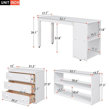 Low Study Full Loft Bed with Cabinet Shelves and Rolling Portable Desk Multiple Functions Bed- White - FurniFindUSA