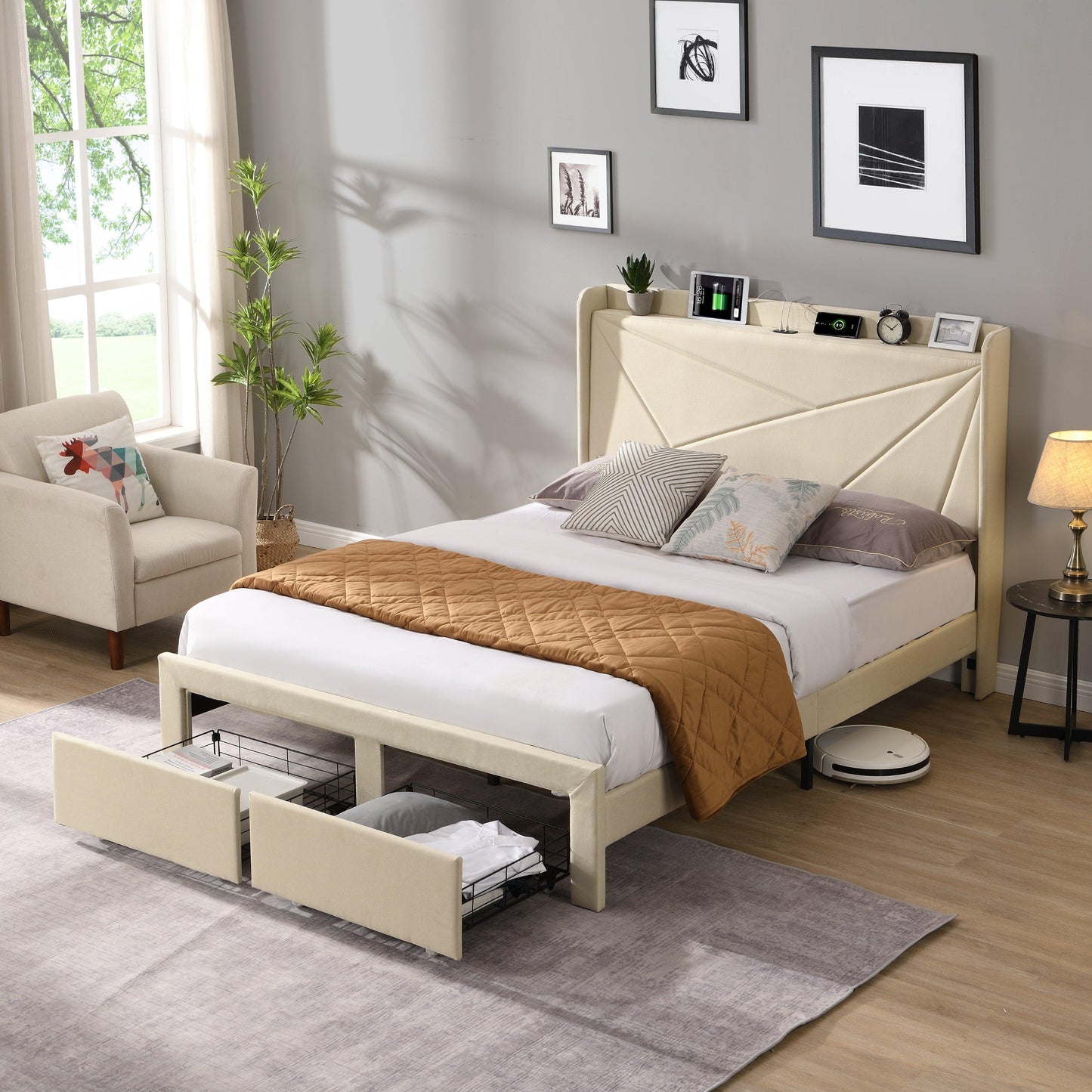 Full Size Bed Frame with 2 Storage Drawers Upholstered Bed Frame Beige - FurniFindUSA