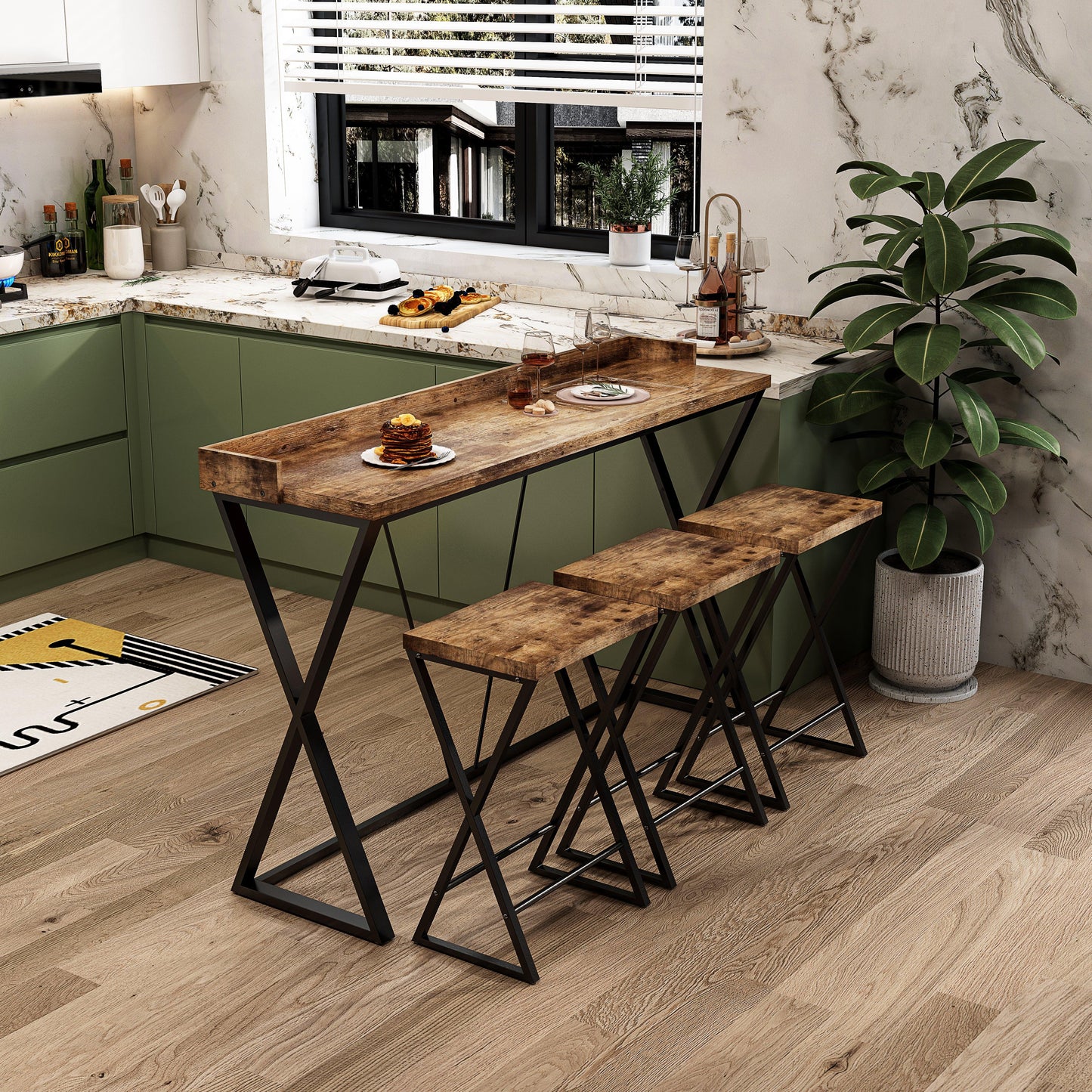 Modern Design Kitchen Dining Table Pub Table with X-Shaped Table Legs Long Dining Table Set with 3 Stools Natural - FurniFindUSA