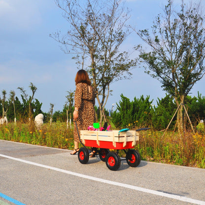 Outdoor Wagon All Terrain Pulling w/Wood Railing Air Tires Children Kid Garden（Red） - FurniFindUSA