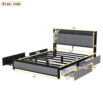 Queen Bed Frame with LED Headboard Upholstered Bed with 4 Storage Drawers and USB Ports Light Grey - FurniFindUSA