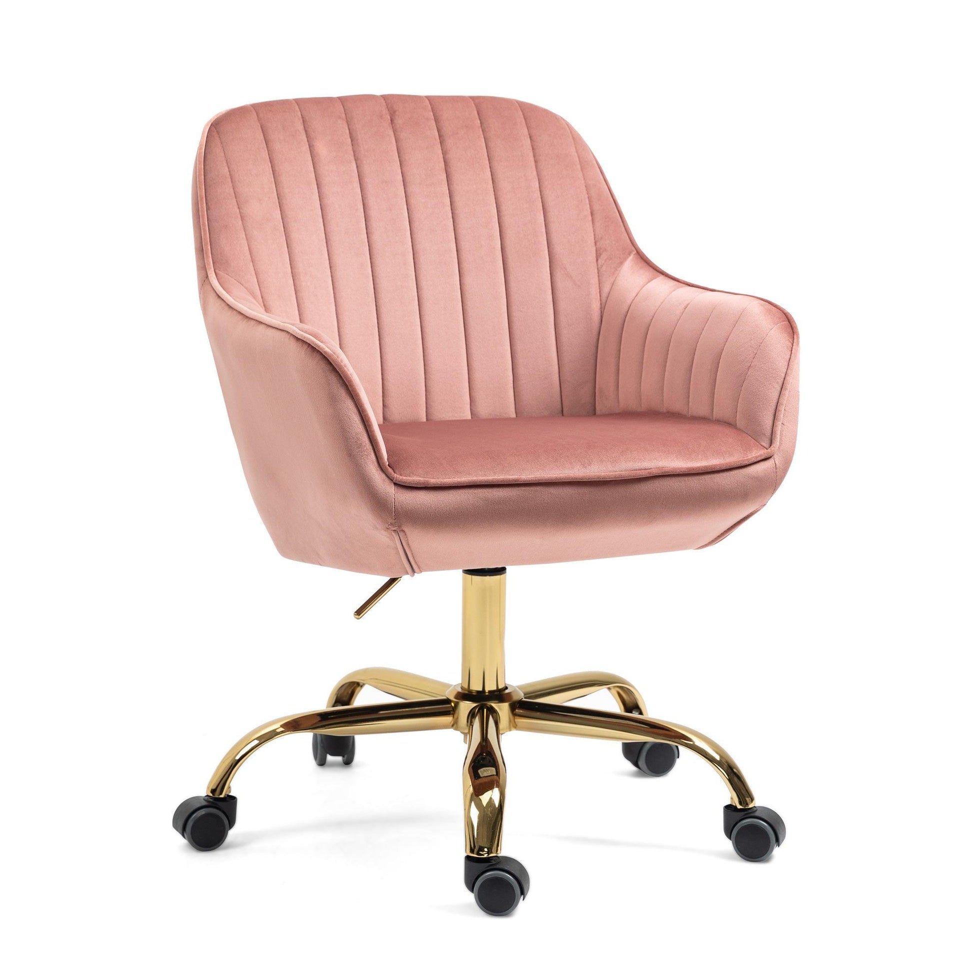 360° Pink Velvet Swivel Chair With High Back Adjustable Working Chair With Golden Color Base - FurniFindUSA