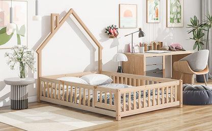 Full House-Shaped Headboard Floor Bed with Fence Natural - FurniFindUSA