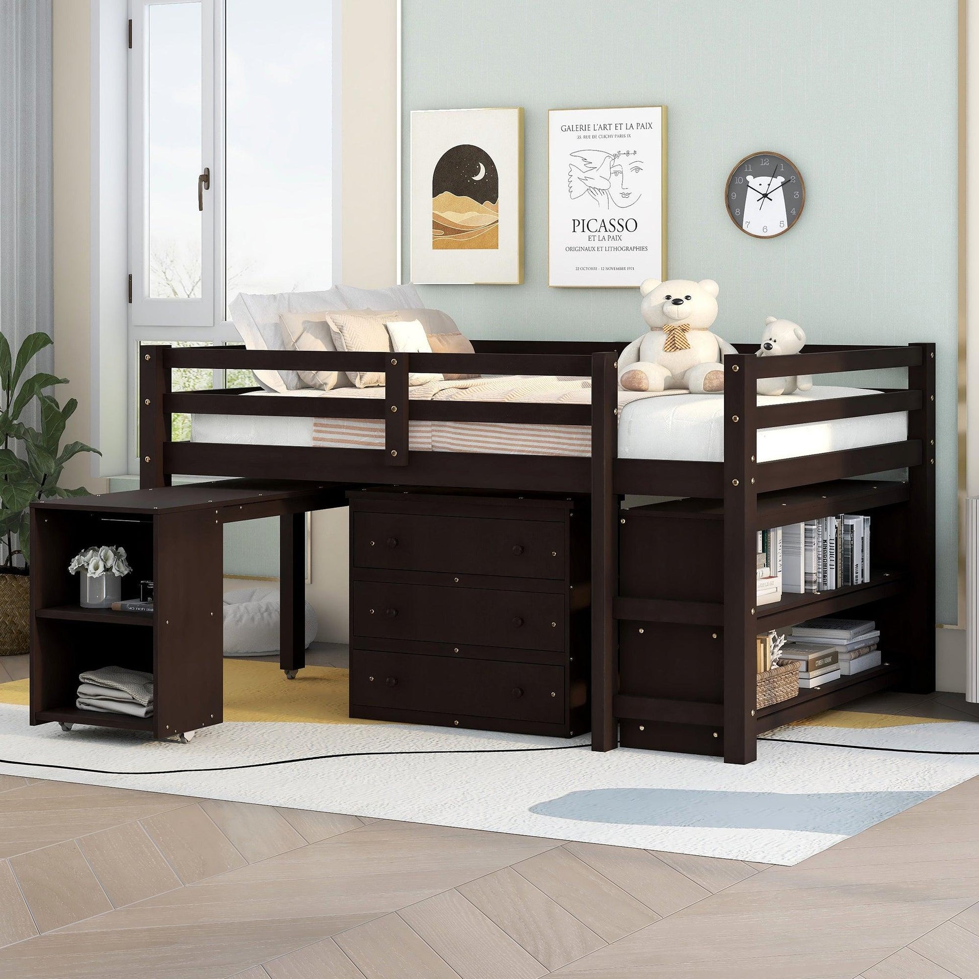 Low Study Full Loft Bed with Cabinet Shelves and Rolling Portable Desk Multiple Functions Bed- Espresso - FurniFindUSA