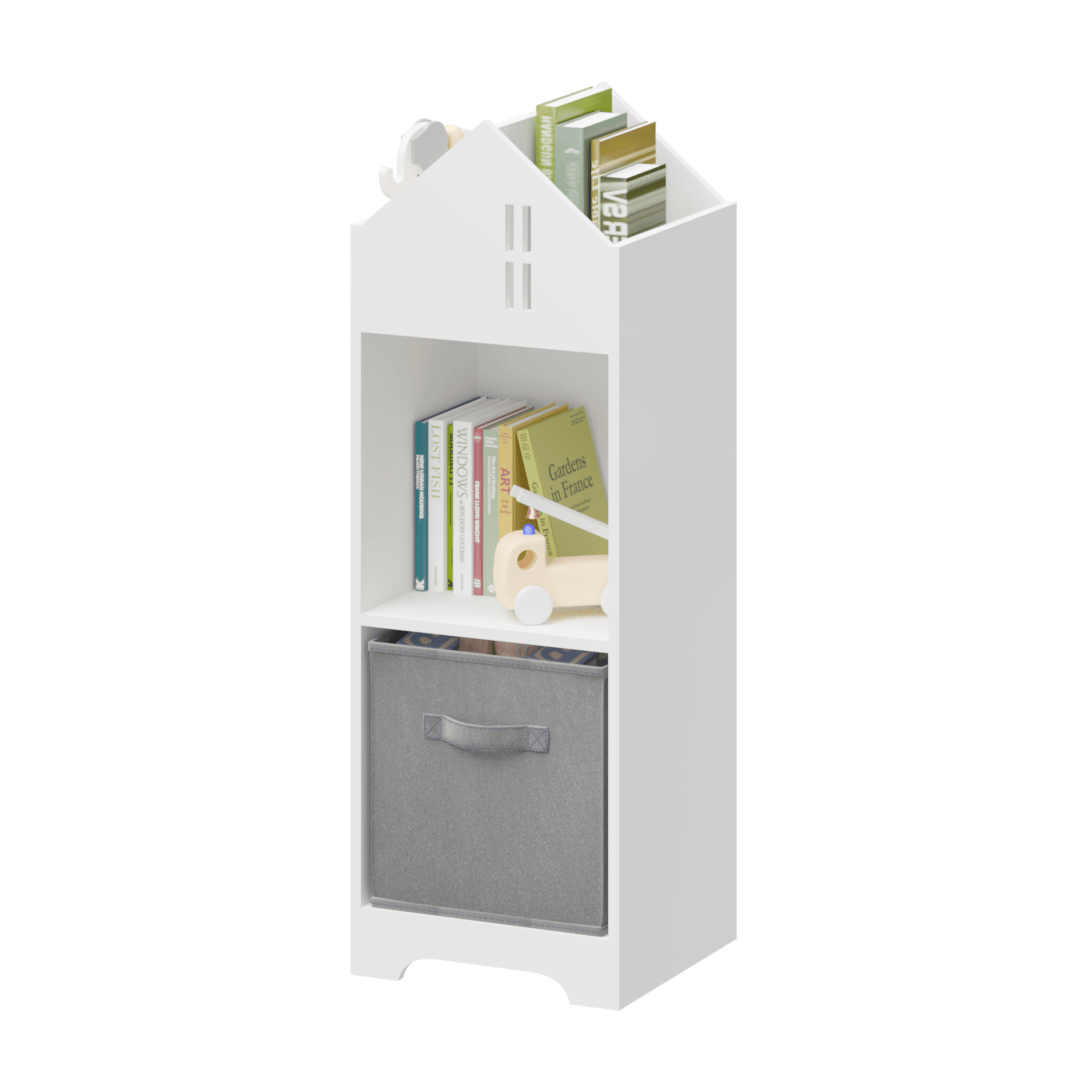 Kids Dollhouse Bookcase with Storage 2-Tier Storage Display Organizer Toddler Bookshelf (White/Gray) - FurniFindUSA