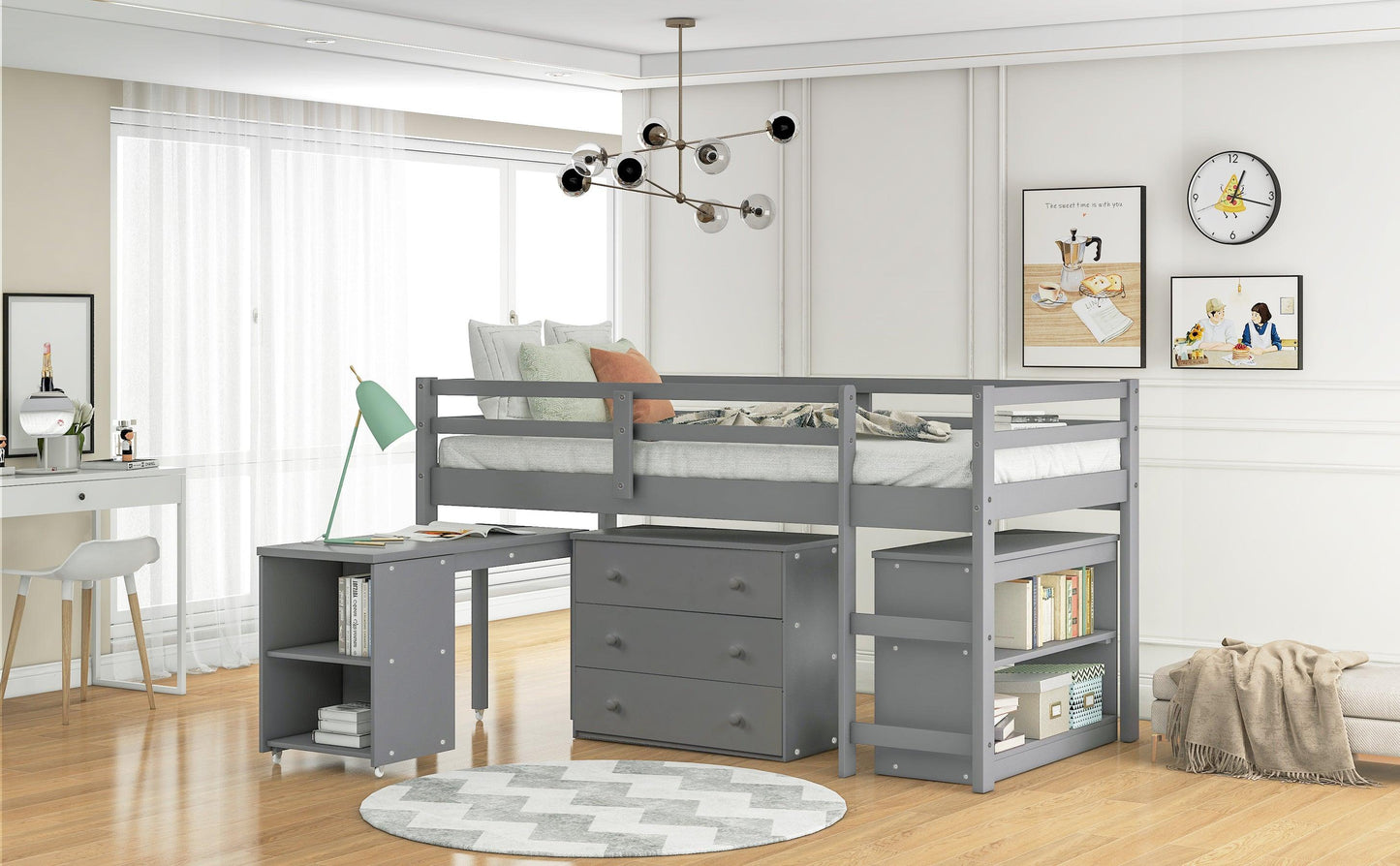 Low Study Twin Loft Bed with Cabinet and Rolling Portable Desk - Gray - FurniFindUSA