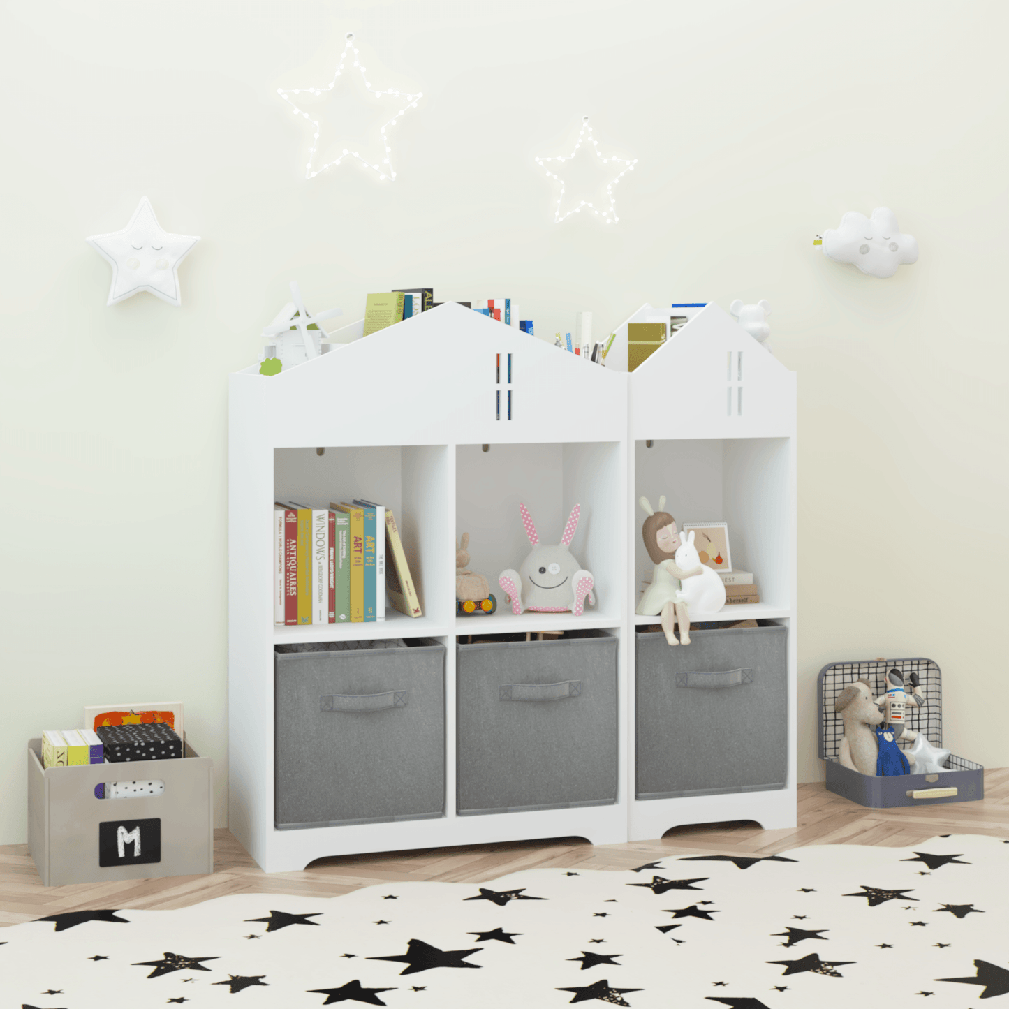 Kids Dollhouse Bookcase with Storage 2-Tier Storage Display Organizer Toddler Bookshelf (White/Gray) - FurniFindUSA