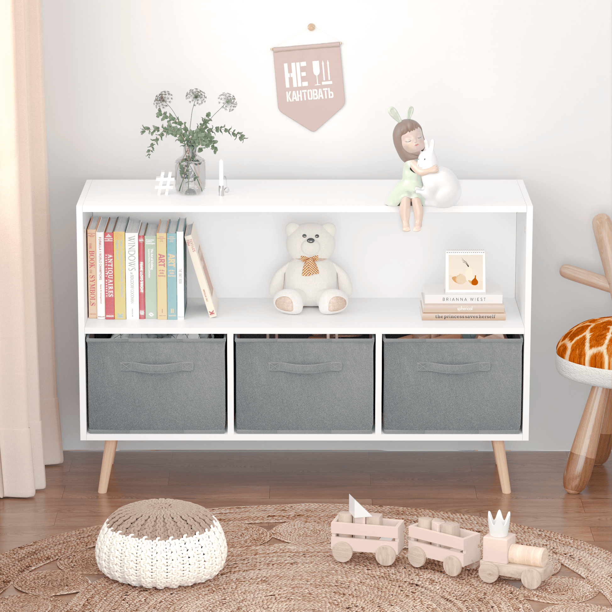 Kids bookcase with Collapsible Fabric Drawers Children's Book Display Toy Storage Cabinet Organizer White/Gray - FurniFindUSA