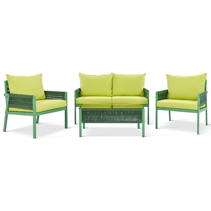 Outdoor Furniture with Tempered Glass Table, Set Deep Seating with Thick Cushion (Fluorescent Yellow & Green) - FurniFindUSA