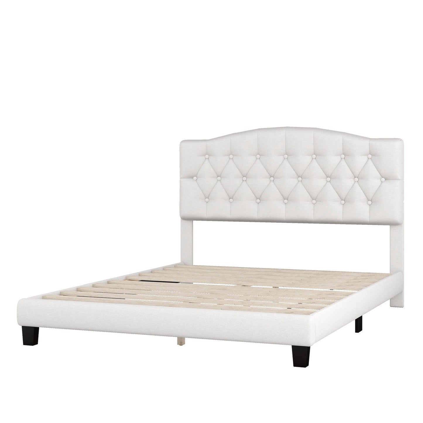 Upholstered Platform Bed with Saddle Curved Headboard and Diamond Tufted Details Queen Beige - FurniFindUSA