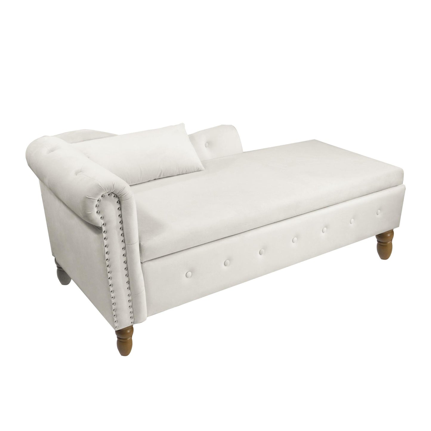 Velvet indoor chaise lounge with nailhead trim, storage and pillows, can be used in living room, bedroom, den - FurniFindUSA