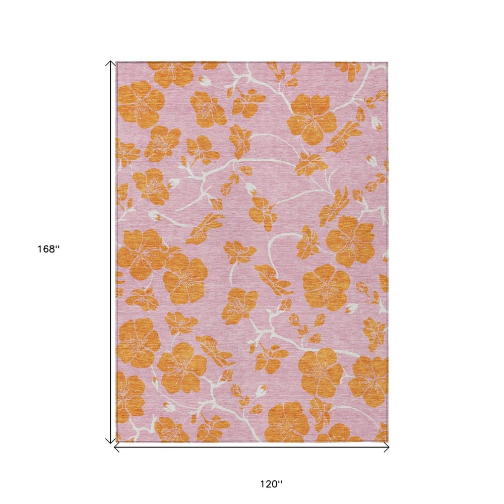 10' X 14' Pink And Copper Floral Washable Indoor Outdoor Area Rug — view 8