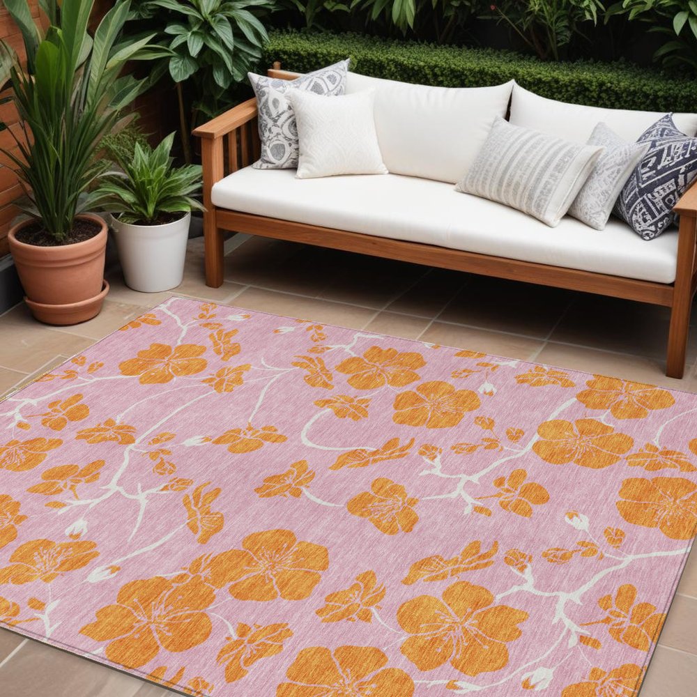 10' X 14' Pink And Copper Floral Washable Indoor Outdoor Area Rug — view 9