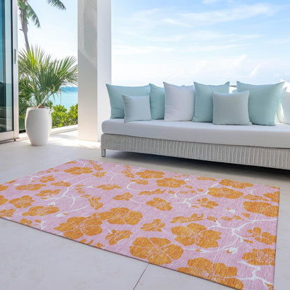 10' X 14' Pink And Copper Floral Washable Indoor Outdoor Area Rug HomeRoots
