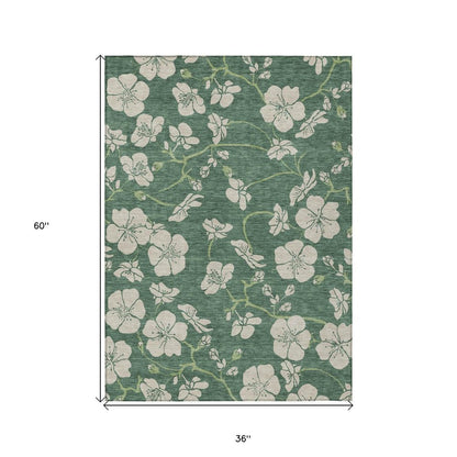 3' X 5' Sage And Ivory Floral Washable Indoor Outdoor Area Rug HomeRoots