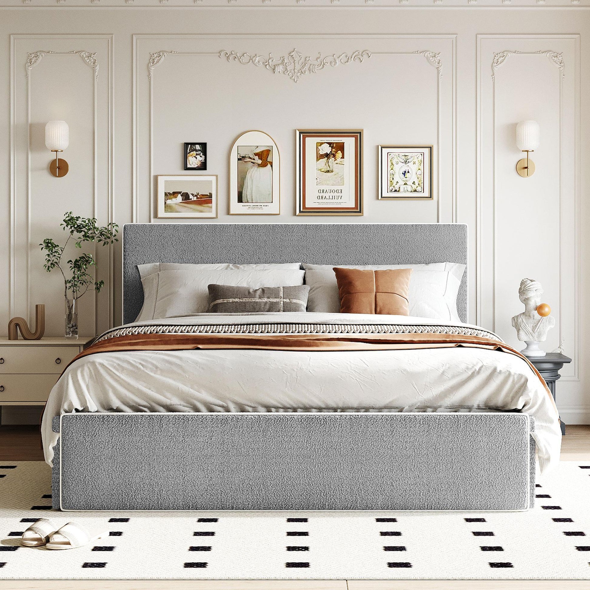 Upholstered Platform Bed with 4 Drawers and White Edge on the Headboard & Footboard, Gray - FurniFindUSA