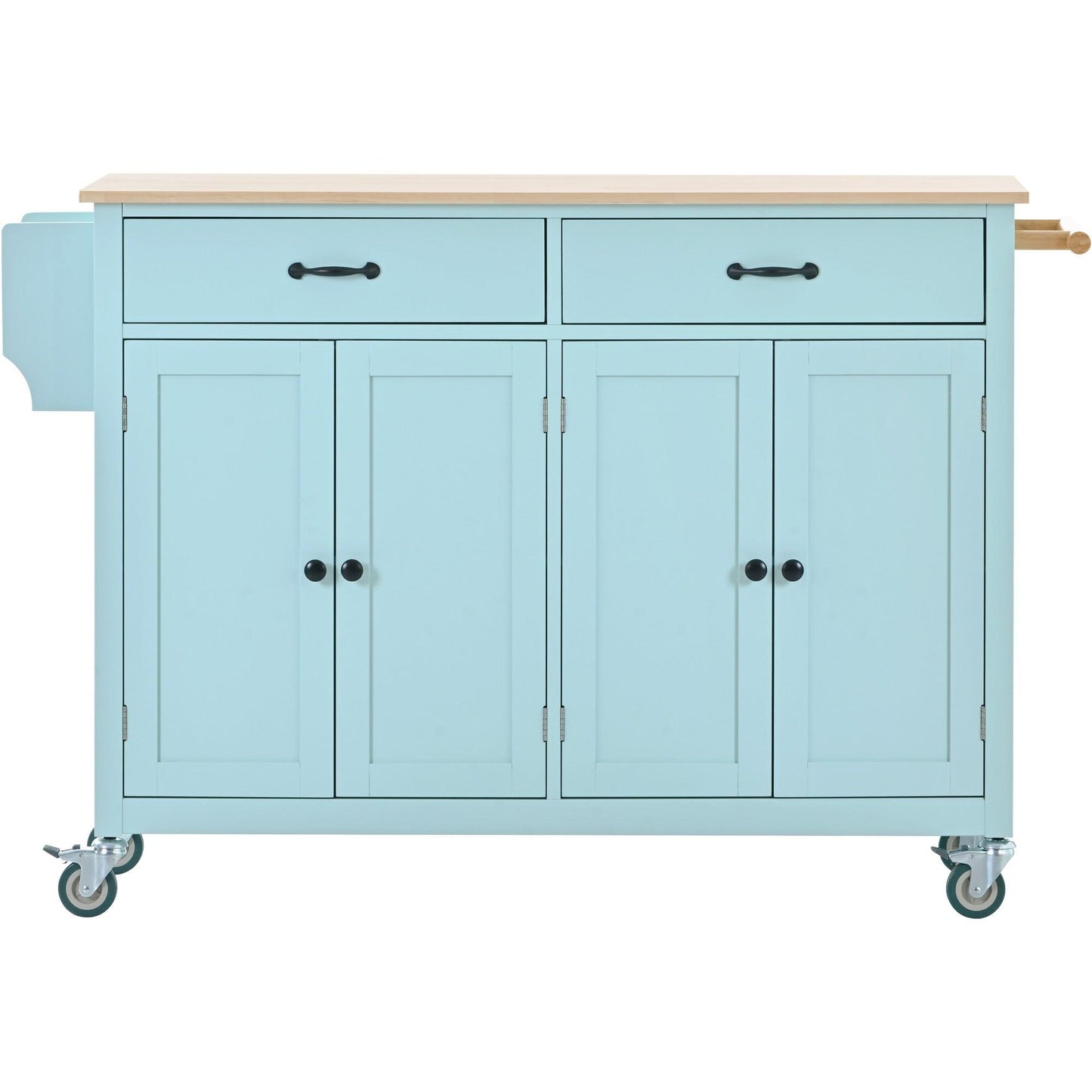 Kitchen Island Cart with 4 Door Cabinet and Two Drawers and 2 Locking Wheels - Solid Wood Top (Mint Green) - FurniFindUSA