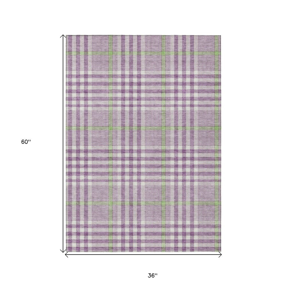 3' X 5' Purple Green And Ivory Plaid Washable Indoor Outdoor Area Rug HomeRoots