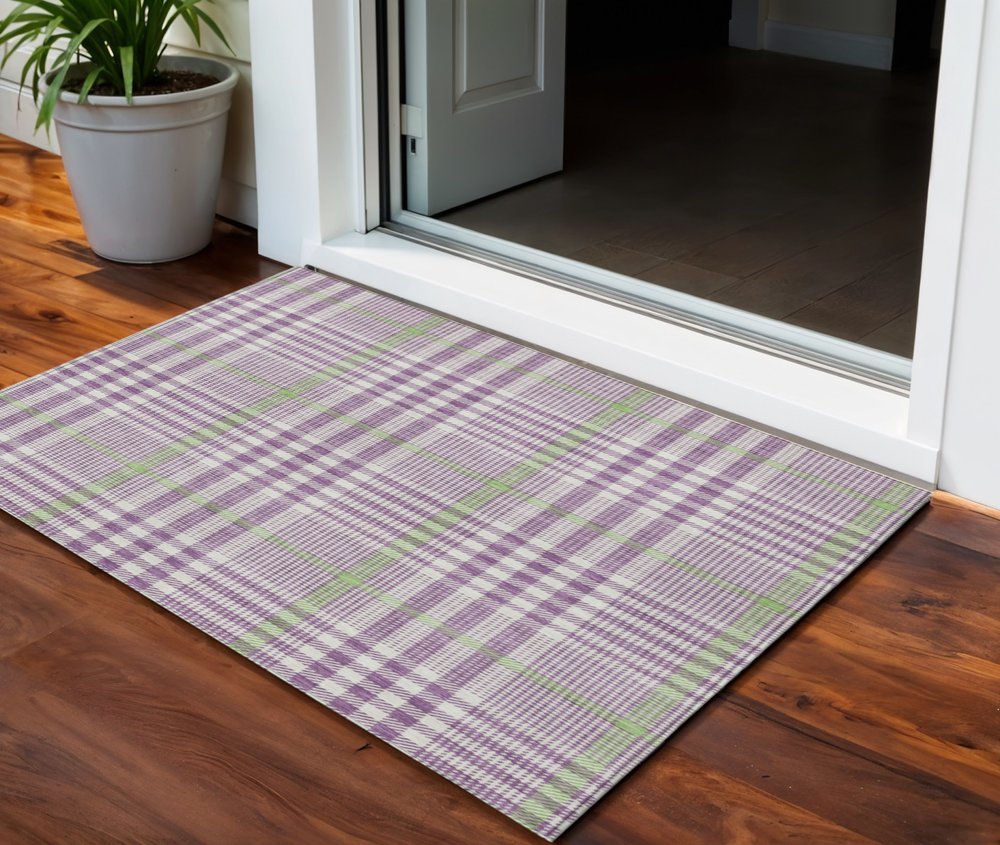 3' X 5' Purple Green And Ivory Plaid Washable Indoor Outdoor Area Rug HomeRoots