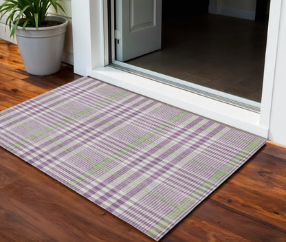 3' X 5' Purple Green And Ivory Plaid Washable Indoor Outdoor Area Rug HomeRoots