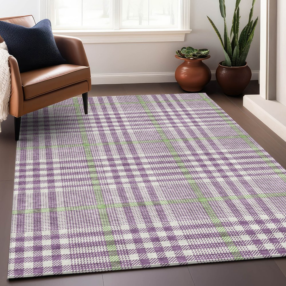 3' X 5' Purple Green And Ivory Plaid Washable Indoor Outdoor Area Rug HomeRoots