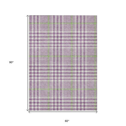 3' X 5' Purple Green And Ivory Plaid Washable Indoor Outdoor Area Rug HomeRoots