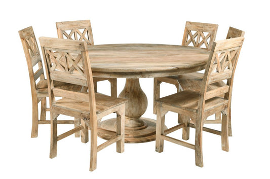 Seven Piece Natural Round Solid Wood Dining Set with Six Chairs HomeRoots