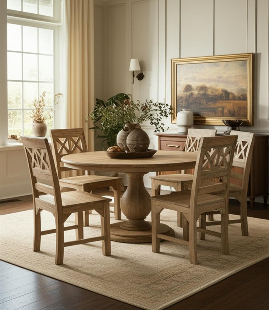 Seven Piece Natural Round Solid Wood Dining Set with Six Chairs HomeRoots