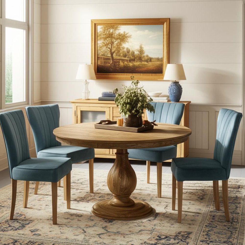 Five Piece Natural Round Solid Wood Dining Set with Four Chairs HomeRoots