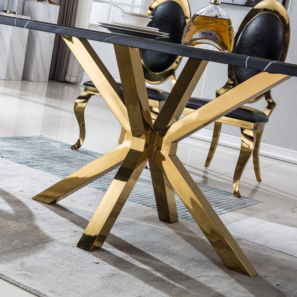 79" Black and Gold Marble and Metal Cross Leg Base Dining Table HomeRoots